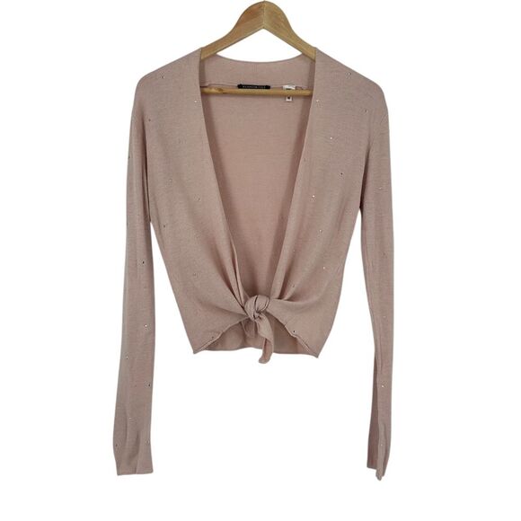 Kenneth Cole Cashmere Silk Sweater‎ M Pink Rhinestone Sparkle Tie Front Y2K - Picture 1 of 8